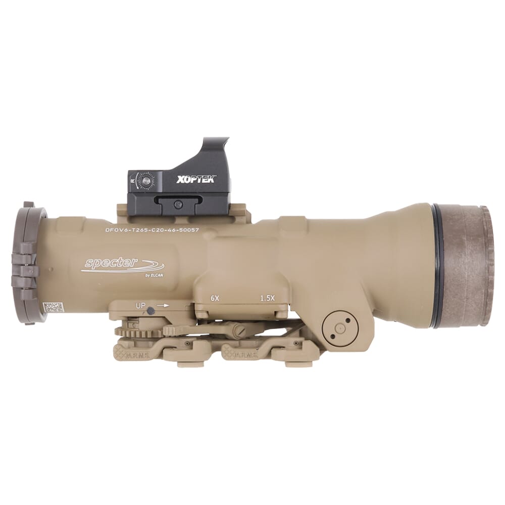 Elcan SpecterDR 1.5x/6x 7.62mm FDE Riflescope w/Flip Covers, ARD & 3MOA XOPTEK DFOV6-T265-C20-X3