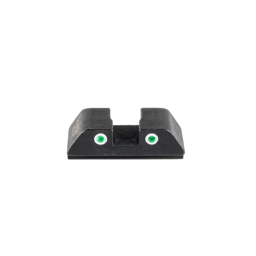 Ameriglo Tritium 2-Dot Rear Handgun Sight for Glock Green with White Front enhances aiming precision in low light.