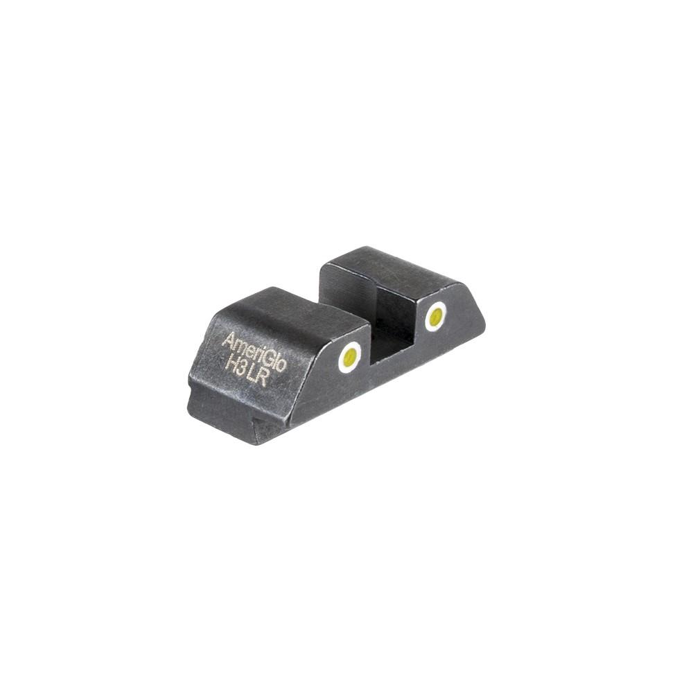 Ameriglo Tritium 2-Dot Rear Handgun Sight for Glock Yellow with White Front enhances accuracy in low-light conditions.