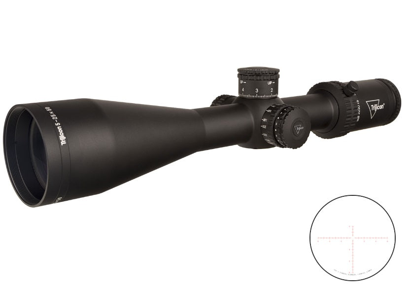 Trijicon Tenmile 5-25x50 SFP w/ Red MRAD Center Dot, 30mm, Matte Black Riflescope 3000011 for precision long-range shooting.