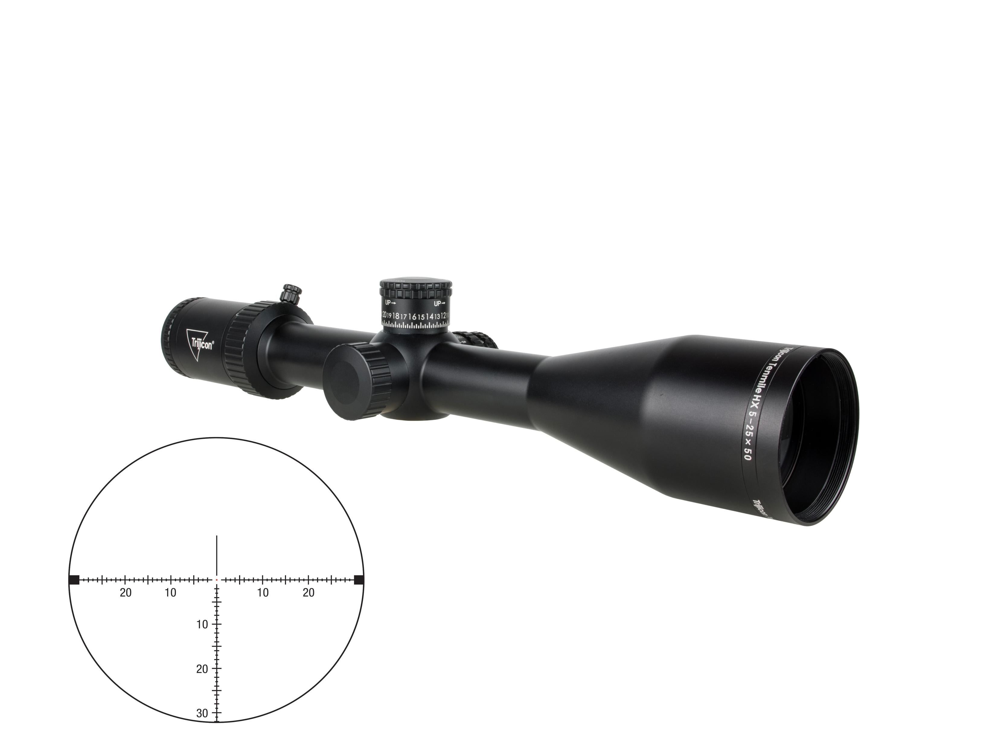 Trijicon Tenmile HX 5-25x50 FFP Riflescope w/ Red/Green LED Dot, MOA, 30mm Tube, Satin Black for precise long-range shooting.