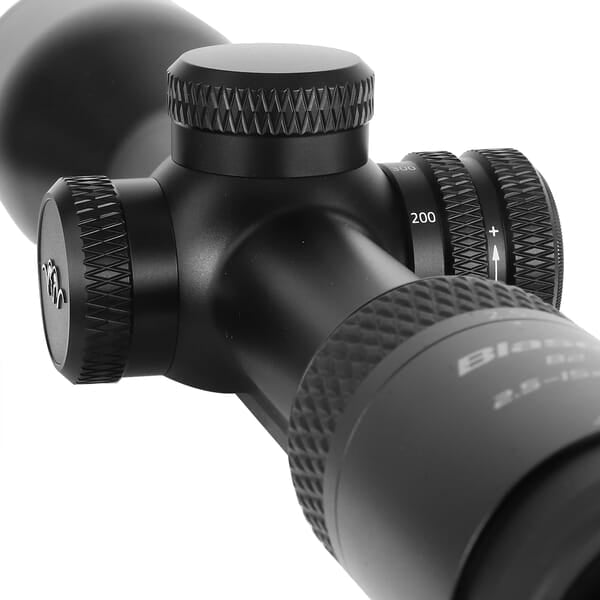 Blaser B2 2.5-15x56 IC S Riflescope 80111427 showcases precision controls for night hunting and clip-on device compatibility.