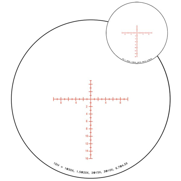 Red MOA reticle view through the Trijicon Tenmile 4.5-30x56 SFP Long-Range Riflescope w/ Red/Green MOA Long Range 3000014.